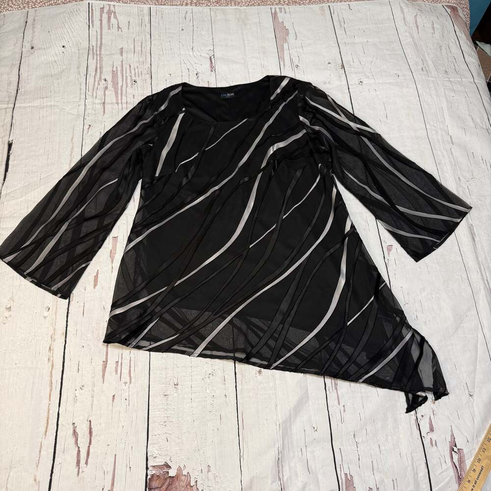 Eva Blue Plus Black Sheer Overlay Blouse Asymmetrical Hem Size L - Picture 1 of 7